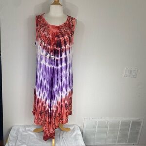 NWT New Seven Islands NY Red Purple Tie Dye Embroidered Sleeveless Dress L/XL